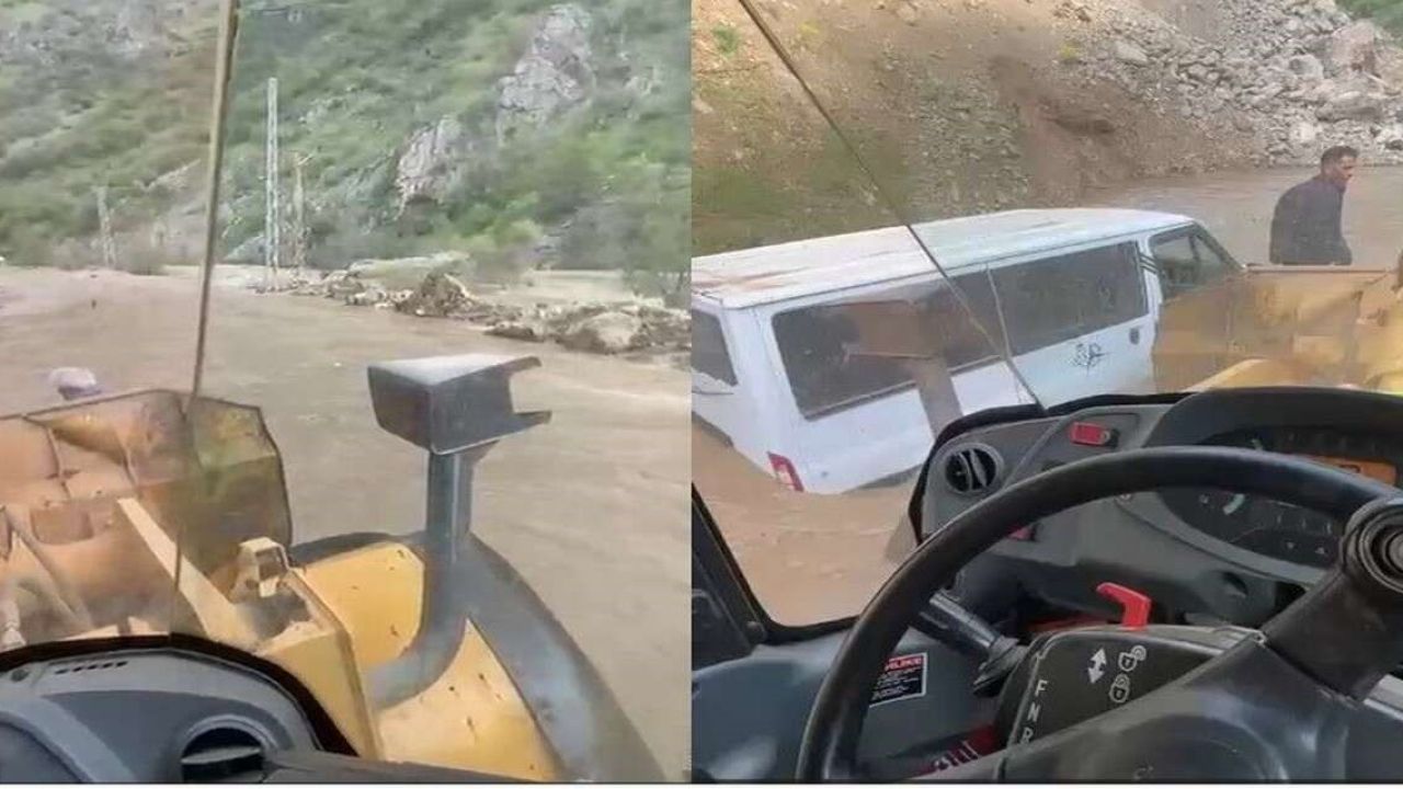 Hakkari’de dere taştı: Yolda mahsur kalan minibüs 3 saatlik çalışmayla kurtarıldı