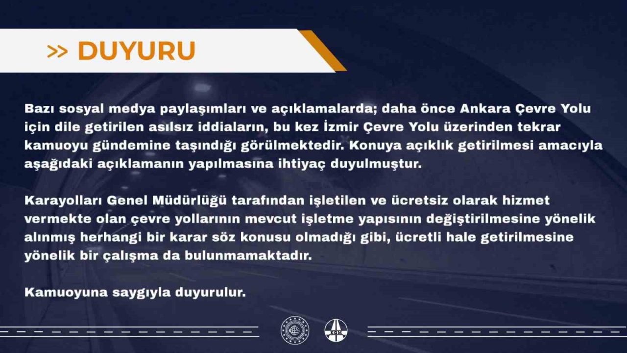 İzmir Çevre Yolu’nun ücretli hale getirileceği iddialarına yalanlama